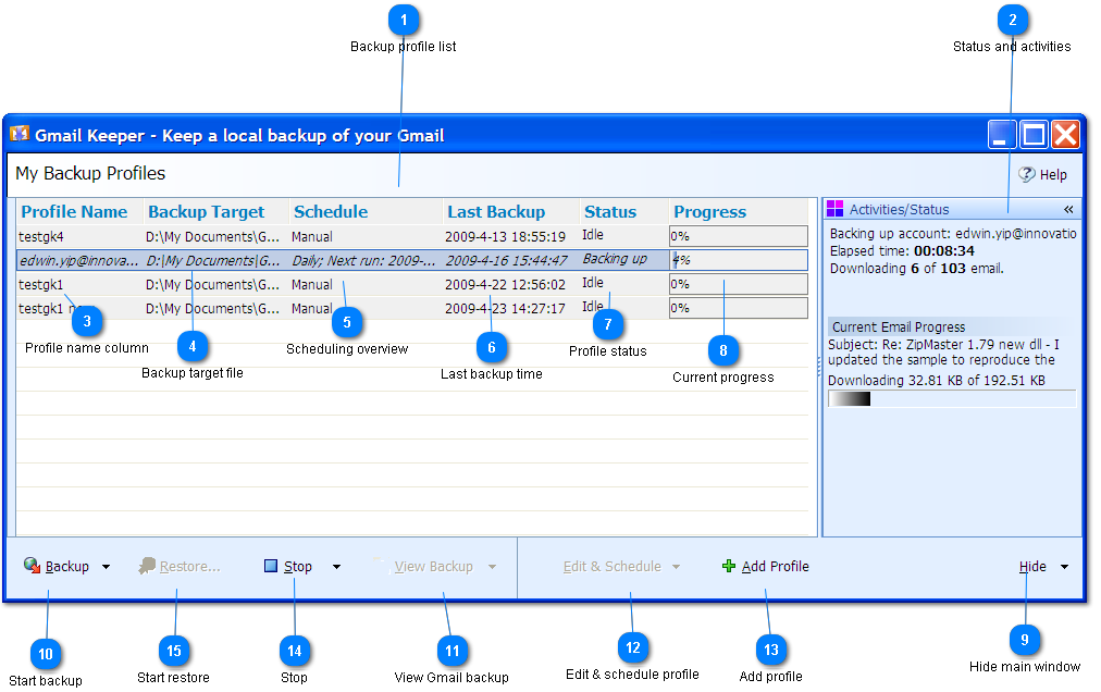 Gmail Keeper Main Window